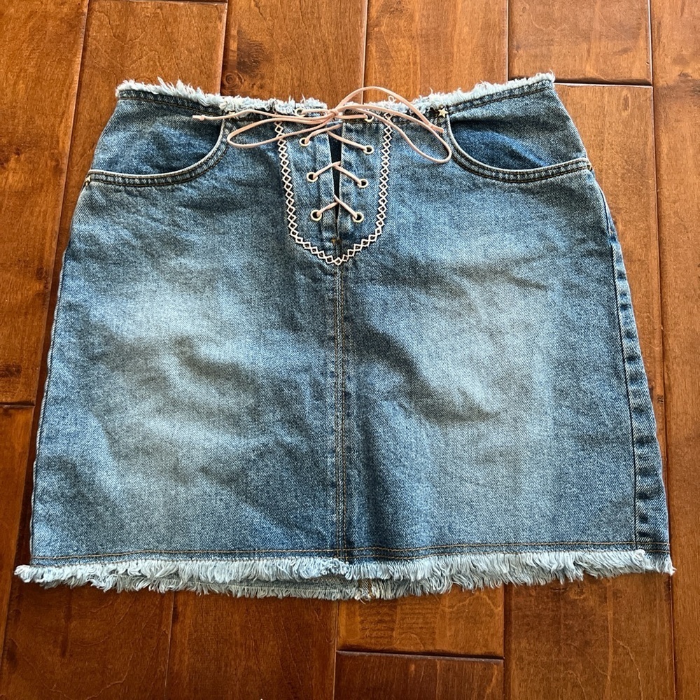 Vintage Y2K Bubblegum Denim Mini Skirt with Lace-Up Detail